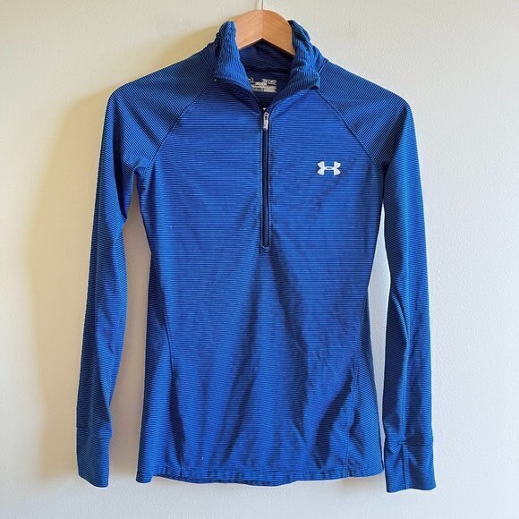 UA UNDER ARMOUR STRIPED HALF ZIP UP ATHLETIC TOP WOMENS SIZE XS SEMI FITTED BLUE - Picture 1 of 5